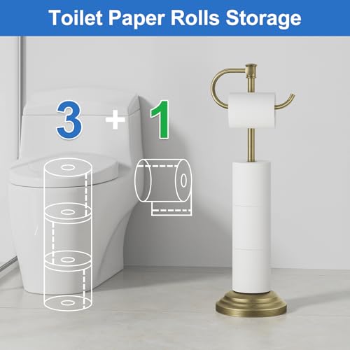 RUMOSE Toilet Paper Holder Stand for Floor Free Standing, Antique Brass | Bathroom Freestanding Toilet Tissue Roll Holder with Storage, Adjustable 17-25 Inch, Rustproof, SUS304 Stainless Steel - color: Antique Brass