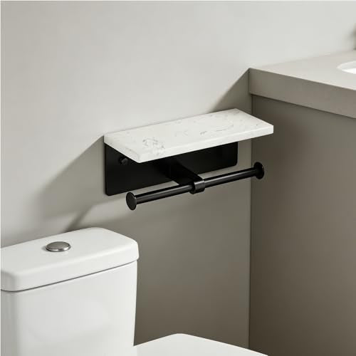 Matte Black Toilet Paper Holder Wall Mount, NEWRAIN Rustproof Commercial Double Toilet Tissue Holder with Marble Phone Shelf, Stainless Steel Toilet Roll Holder for Bathroom, Washroom, Hotel, RV - color: Matte Black, style: Marble