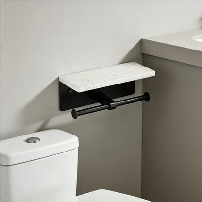 Matte Black Toilet Paper Holder Wall Mount, NEWRAIN Rustproof Commercial Double Toilet Tissue Holder with Marble Phone Shelf, Stainless Steel Toilet Roll Holder for Bathroom, Washroom, Hotel, RV - color: Matte Black, style: Marble