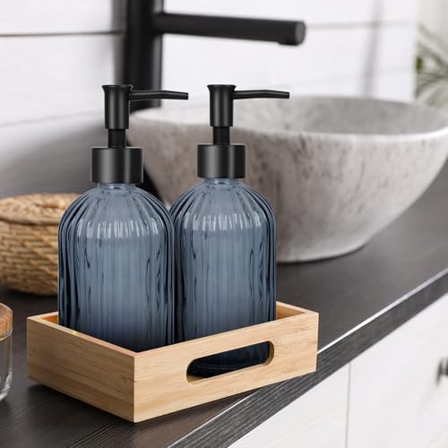 Glass Soap Dispenser with Plastic Pump, Hand Soap Dispenser for Hand Wash, Lotion Dispenser for Dishwashing Liquid, Lotion Shower Gel (Striped Blue Grey) - color: Striped Blue Grey