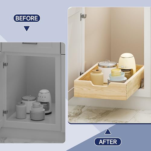 Pull Out Cabinet Organizer, 13.5 in W x 21 in D Solid Wood Slide Out Drawer, Soft Close Sliding Shelf, Bottom or Side Mount for Kitchen Pantry Bathroom, Fits 14.5 in Cabinet Opening - size: 13½” W × 4"H x 21” D