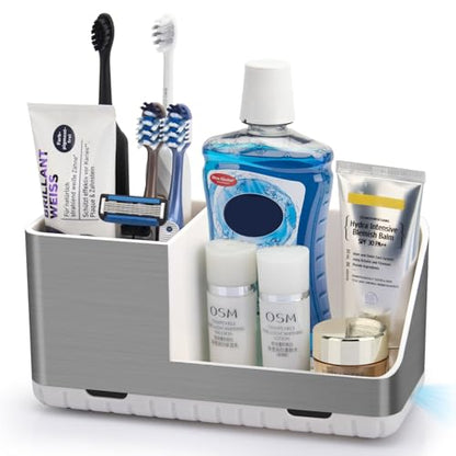 Toothbrush Holders for Bathroom Countertop Organizer (Brushed Silver Grain) | Easy To Clean, Drainage, Non-Slip, Detachable, Kids Electric Toothbrush and Toothpaste Holder for Bathrooms - color: Brushed Silver