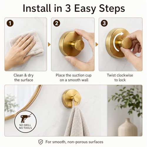 Suction Cup Hooks Removable Shower Hooks, 4Pcs Metal Towel Hooks for Bathroom Window Glass Wall Door Can Hang Various Towels Bath Towels Keychains, Gold Front Door Wreath Hanger, No-Drill Waterproof - color: Gold