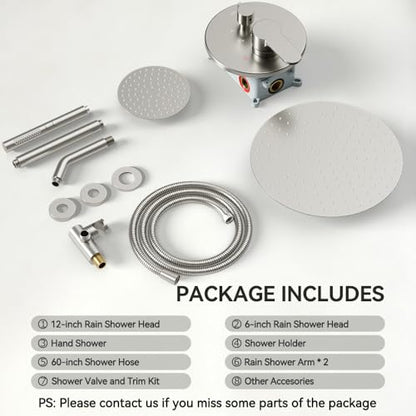 Shower Systems Shower Faucet Sets STARBATH 3 Way 12+6" Round Dual Rainfall Shower Head with Handheld Spray, Ceiling Mounted Rain Shower Valve with 5 Diverter and Trim Kit Complete, Brushed Nickel - color: Brushed Nickel, size: 6+12 inch-04