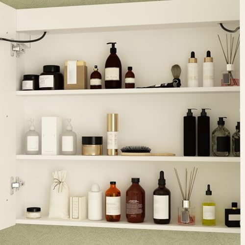 MOUMON Medicine Cabinet with LED Lighted Mirror, Anti-Fog, Wall-Mounted Bathroom Cabinet with Storage Shelves, Adjustable Lights, 2 Doors, White, 5.1”D x 35.4”W x 31.5”H