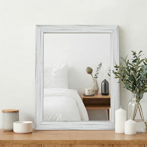 White Wood Effect Framed Wall Mirror, 16x20 Rectangle Mirror | Anti-desilvering Tempered Glass, Sustainable& Sturdy Frame, Farmhouse Mirror, Anti-Rust, 3min Setup for Bathroom Living Room - color: White Wood, size: 20"L x 16"W