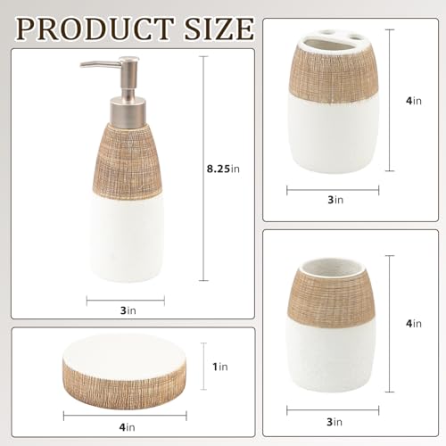 CERBIOR Bathroom Accessories Set,4 PCS Ceramic Bath Accessory,Brown White | Includes Toothbrush Holder, Toothbrush Cup, Soap Dish for Decorative Countertop and Housewarming Gift - style: White-Brown