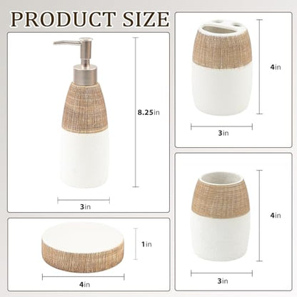 CERBIOR Bathroom Accessories Set,4 PCS Ceramic Bath Accessory,Brown White | Includes Toothbrush Holder, Toothbrush Cup, Soap Dish for Decorative Countertop and Housewarming Gift - style: White-Brown