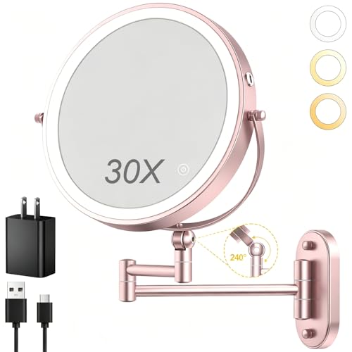9" Wall Mounted Lighted Makeup Mirror,4000mAh Rechargeable Double Sided 1X/30X Magnifying Mirror with Light,Touch Dimmable,Extended Arm 360 Rotation Wall Mounted Makeup Mirror 3 Color Lights-gold - color: 30x-gold