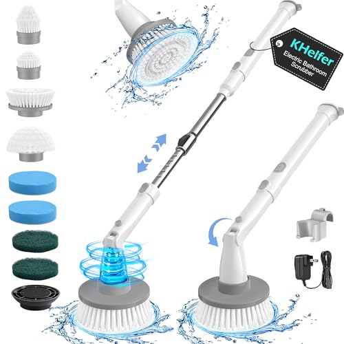 kHelfer Electric Spin Scrubber, Cordless Shower Scrubber 8 Replacement Head | 1.5H Bathroom Scrubber Dual Speed, Shower Cleaning Brush with Extension Arm for Bathtub Tile Floor - color: Pearl White