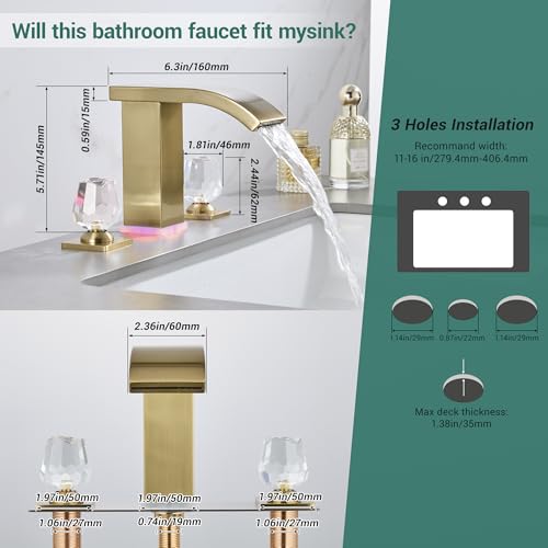 Brushed Gold Bathroom Faucet 3 Hole Widespread Waterfall Vanity Faucet for Bathroom Sink, Modern Touch on Two Handle Gold Faucet (Brushed Gold) - color: Brushed gold