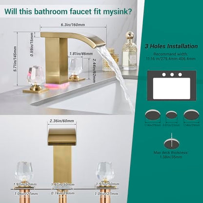 Brushed Gold Bathroom Faucet 3 Hole Widespread Waterfall Vanity Faucet for Bathroom Sink, Modern Touch on Two Handle Gold Faucet (Brushed Gold) - color: Brushed gold