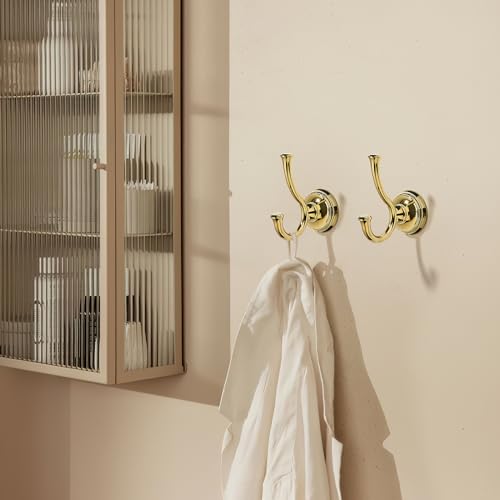 TUNNY Towel Hook Bathroom-2 Pack Shiny Gold（PVD-Gold） Double Robe/Towel Hook Wall Mounted Hook for Bathroom Bedroom Kitchen - color: PVD-Gold