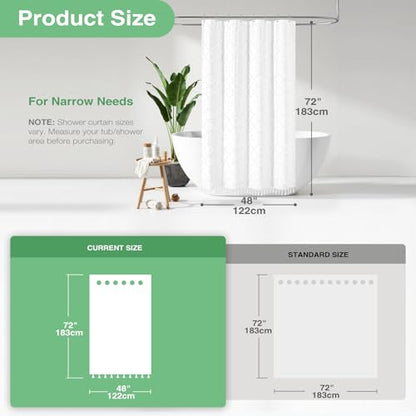 Stall Shower Curtain and Liner Set - 48 inch Wide Boho Shower Curtain and Waterproof Clear Liner, Tufted Geometric Striped Textured Tassel Shower Curtains for Bathroom, 8 Hooks, 48x72, White - color: White, size: 48"W x 72"L (Pack of 1)