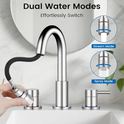 Pull-Down Bathroom Faucet 3 Hole 8 Inch with Pop-Up Drain,Chrome | 360° Swivel Spoutr & Dual Modes,8" Widespread 2-Handle, Pop-Up Drain & 10-Min Install for 3-Hole Bathroom Sink Faucets. - color: Chrome