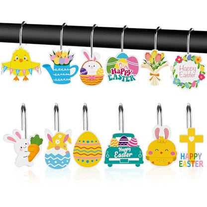 12Pcs Shower Curtain Hooks Hangers Decorative Metal Rustproof Bathroom Room Pendants Decor Accessories with Bunny Happy Carrot Flower Chick Rabbit Stainless Curtains Rings