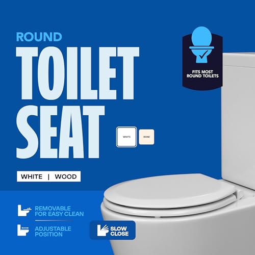 HIGHCRAFT Premium Round Toilet Seat with Slow-Close Design, Adjustable Hinges & Quick Removal Mechanism - Molded Wood Toilet Seat - Fits Standard Round Toilets - Toilet Seat in White - color: White, size: Round