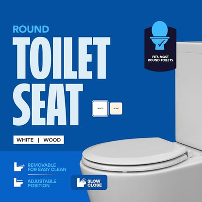 HIGHCRAFT Premium Round Toilet Seat with Slow-Close Design, Adjustable Hinges & Quick Removal Mechanism - Molded Wood Toilet Seat - Fits Standard Round Toilets - Toilet Seat in White - color: White, size: Round