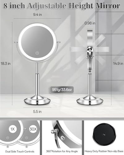 1X/30X 8" Magnifying Makeup Mirror with Lights Height Adjustable for Desk | 3000mAh Rechargeable Lighted Magnifying Mirror Double Sided Vanity Mirrors with 3 LED Lighting Touch Dimmable for Women Gift