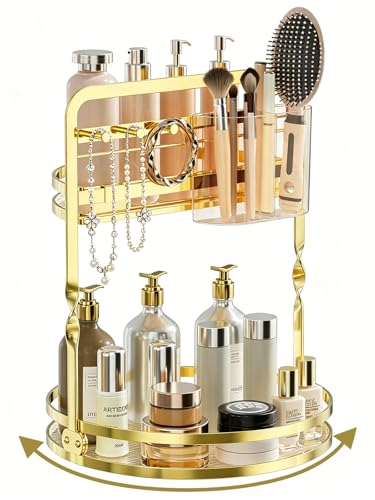 360° Rotating Makeup Organizer for Vanity, Gold Bathroom Organizer | 2-Tier Perfume Organizer with Makeup Brush Holder & Jewelry Hooks,Spinning Counter Shelf Storage for Perfume Skincare Dresser - color: Gold