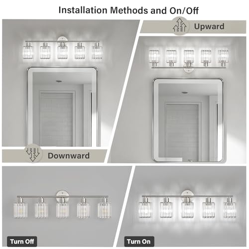 5 Light Bathroom Light Fixtures, Modern Crystal Vanity Lights over Mirror | Metal Frame, Bathroom Light with Square Crystal Shade, ETL Certified, E26 Ceramic Socket, Bulbs Not Included - color: Brushed Nickel, size: 5-Light