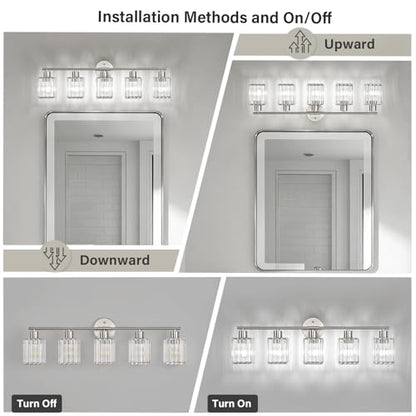 5 Light Bathroom Light Fixtures, Modern Crystal Vanity Lights over Mirror | Metal Frame, Bathroom Light with Square Crystal Shade, ETL Certified, E26 Ceramic Socket, Bulbs Not Included - color: Brushed Nickel, size: 5-Light