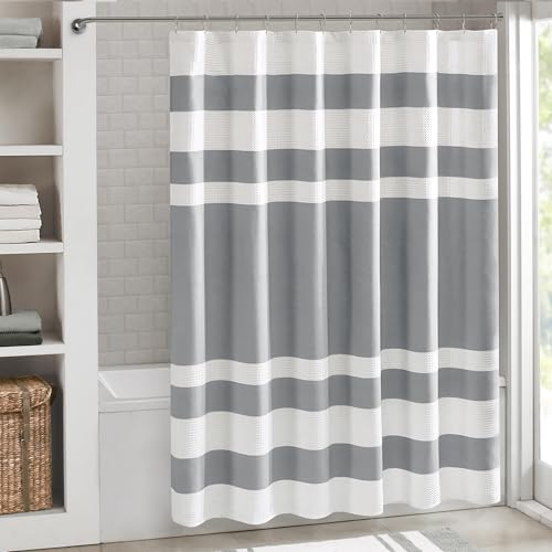 Madison Park Spa Waffle Shower Curtain Pieced Fabric with 3M Scotchgard Moisture Management Modern Home Bathroom Decorations, Wide 108"x72", Grey | Striped, Pieced Fabric Design, 3M Scotchgard Moisture Management, Hotel Quality, Modern, for Bathroom, OEKO