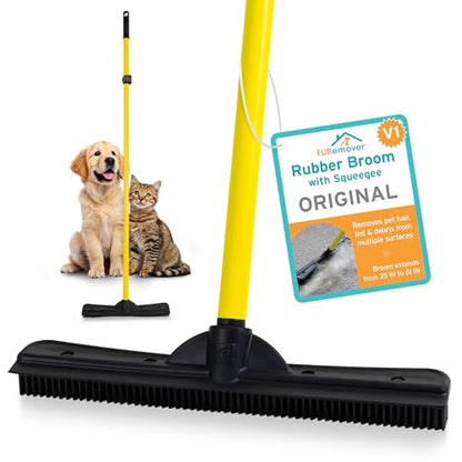 FURemover Pet Hair Removal Rubber Broom, 61" Telescopic Handle | Multi-Surface Rubber Broom with Built in Squeegee Edge, Sweeps up Fur, Hair, and Debris on Tile, Wood, Vinyl, and Carpet - size: 61" Telescopic Handle
