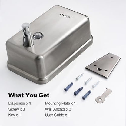 AIKE 37oz Liquid Soap Dispenser for Bathroom Easy Push,Brushed Model AK1003 | Screw Wall Mount Design for Space-Saving,Large Capacity with Safety Key for Commercial Bathroom,Stainless Steel - color: Brushed