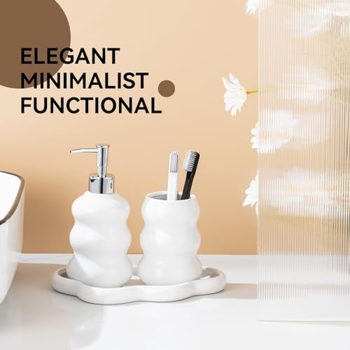 3-Piece White Ceramic Bathroom Accessories Set with Tray, Lotion Dispenser, and Tumbler for a Luxurious Bath Experience - color: White