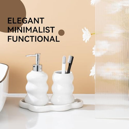 3-Piece White Ceramic Bathroom Accessories Set with Tray, Lotion Dispenser, and Tumbler for a Luxurious Bath Experience - color: White