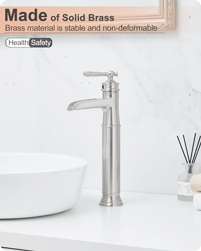 Vessel Sink Faucet Brushed Nickel, Brass Waterfall Bathroom Faucet Single Hole, Tall Bathroom Sink Faucet, Bathroom Faucets Single Handle with Pop-Up Drain Supply Hoses for Lavatory No Noise - color: Brushed Nickel - Classic