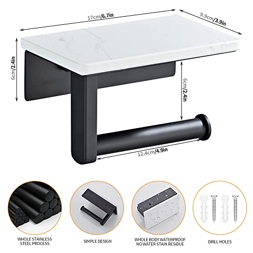 Matte Black Toilet Paper Holder with Marble-Look Shelf, Wall Mounted SUS304 Stainless Steel Toilet Roll Holder with Phone Storage - color: Matte Black