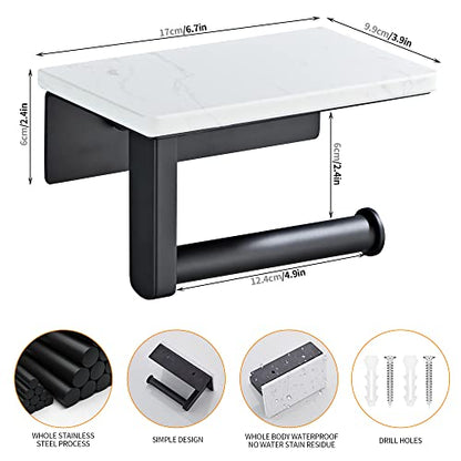 Matte Black Toilet Paper Holder with Marble-Look Shelf, Wall Mounted SUS304 Stainless Steel Toilet Roll Holder with Phone Storage - color: Matte Black
