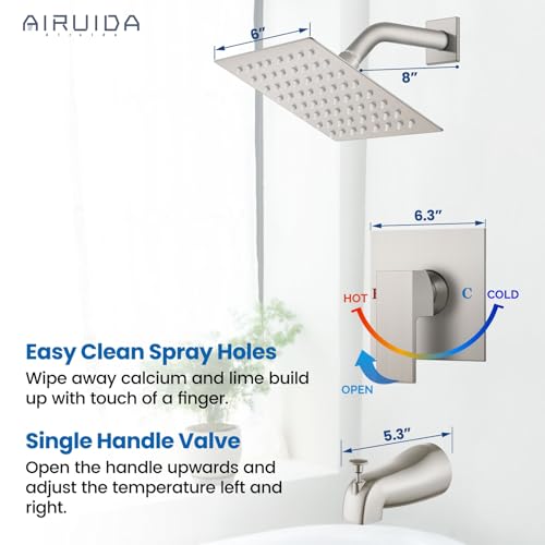 Airuida 6 Inch Shower Faucet Set,Bathtub Faucet Kit,Brushed Nickel | Shower Tub Faucet Set,Male Threads Rough-In Valve,Square Head Shower System - color: Nickel, size: 6 Inch
