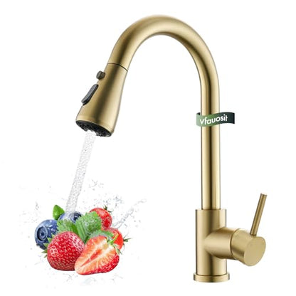 VFAUOSIT Kitchen Faucet with Pull Down Sprayer, Brushed Gold High Arc | Cold-Start Safety, 3 Spray Modes, 360° Swivel, cUPC/CEC Certified, Fingerprint-Resistant Finish, Ceramic Disc Valve - color: Gold