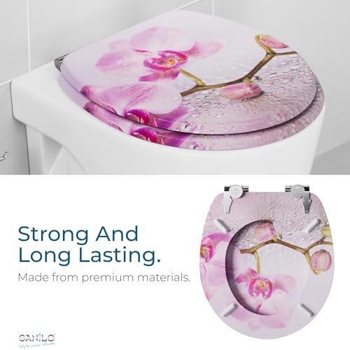 SANILO Wooden Toilet Seat with Soft Close [ROUND] - Decorative, Quiet & Slow Close Molded Wood Seat - With Strong Bumpers & Hinges - Adjustable Fit – Blooming - color: Blooming