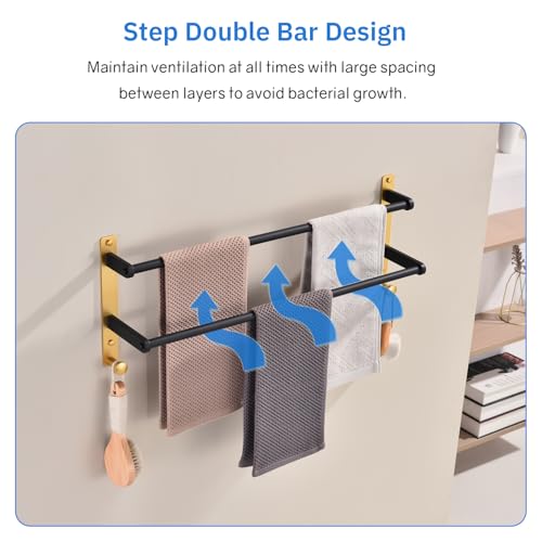 Double Towel Rack with Hooks, 24 Inch Stainless Steel Towel Bar - Wall Mounted Towel Holder for Bathroom, Black & Gold - color: Black & Gold, size: 24-Inch