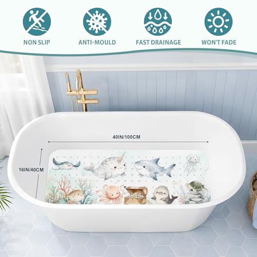Baby Bath Mat for Tub Non Slip Kids, BPA Free Extra Long Bathtub Mat 40x16 with Drain Holes and 200 Suction Cups, Non Toxic Machine Washable Toddler Bath Mat, Eco-Friendly Certified - color: X-narwhal