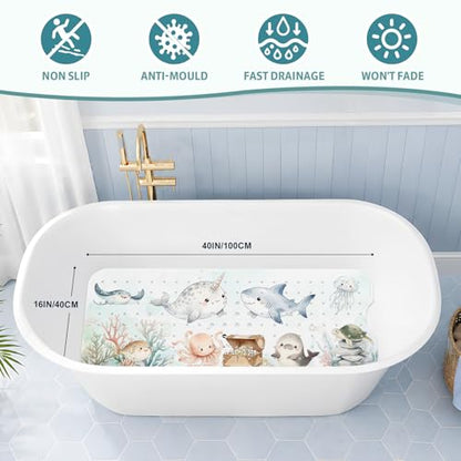 Baby Bath Mat for Tub Non Slip Kids, BPA Free Extra Long Bathtub Mat 40x16 with Drain Holes and 200 Suction Cups, Non Toxic Machine Washable Toddler Bath Mat, Eco-Friendly Certified - color: X-narwhal