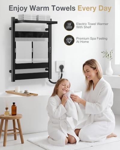 6-Bar Wall Mounted Heated Towel Rack, 170°F Heating Black | Bathroom Towel Warmer with Top Shelf, Memory Function, Adjustable 110–170°F Temperature, 2–12H Timer, Space Saving Design - color: Black, size: ZW 6-Bars