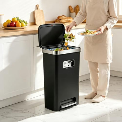 Kitchen Trash Can with lid ,Large 12 Gallon Slim Tall trash Can,Narrow Trash Bin Step-on with Lid, Plastic Black Garbage Can with Stainless Steel Rim for Bathroom,Living room,Bedroom,Yard,Garden