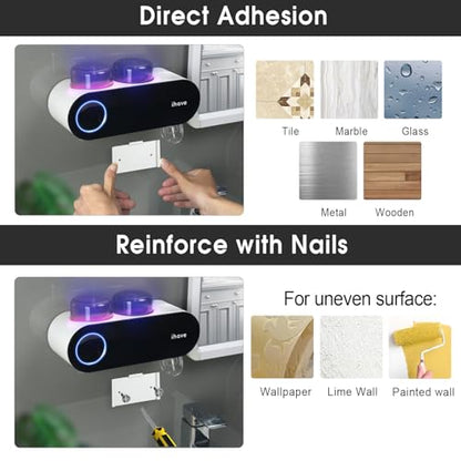 iHave UV Toothbrush Sanitizer Holder Wall Mount Toothpaste Dispenser, 2-Cup | Auto-Cycle Disinfection Toothbrush Holders for Bathrooms with UV Toothbrush Sanitizer & Toothpaste Dispenser, Breathing Light - color: Uv Black 2 Cups