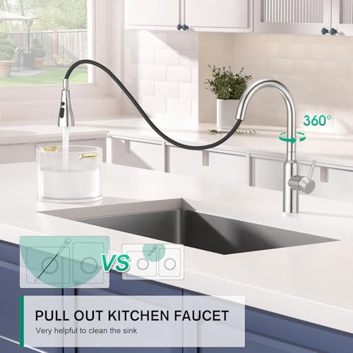 CREA Brushed Nickel Kitchen Faucets with Pull Down Sprayer, Faucets for Kitchen Sink, Small High Arc RV Stainless Steel Single Handle Pull Out Kitchen Sink Faucets, Brushed - color: Brushed, style: standard