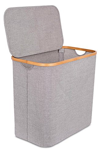 BirdRock Home Bamboo & Canvas Hamper | Single Laundry Basket with Lid | Foldable Hamper | Cut Out Handles