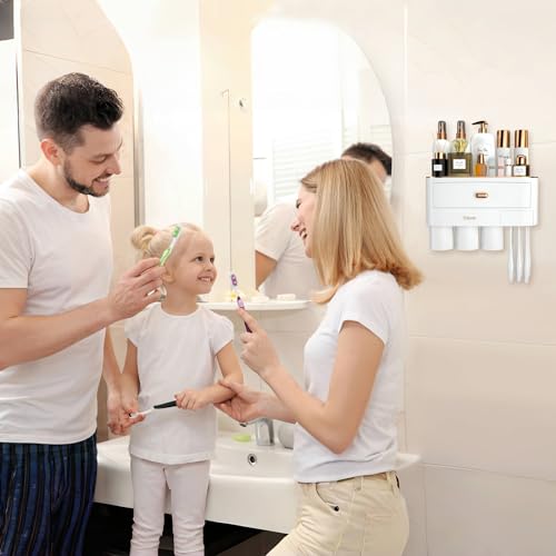 iHave Toothbrush Holders for Bathrooms, Wall Mounted Toothbrush Organizer | Elegant White & Gold Bathroom Decor: 3 Cups, 6 Slots, Large Tray & Drawer Wall Mount Toothbrush Organizer, No Drilling - size: 3 cup