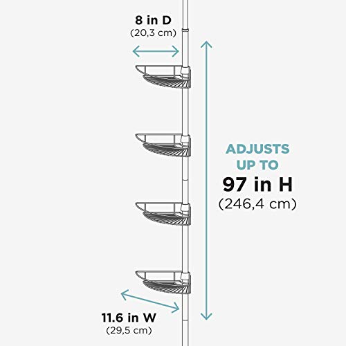 Zenna Home Tension Pole Shower Caddy, Adjustable Corner Shower Storage System with 4 Baskets and Built in Towel Bar, Rust-Resistant Bathroom Organization Solution, 60 to 97 Inch, Chrome