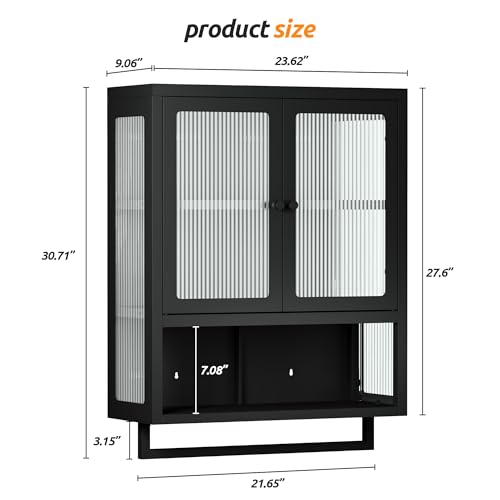 Bathroom Wall Cabinet, Over The Toilet Space Saver Storage Cabinet, Medicine Cabinet with 2 Glass Door and Towel Bar, Metal Wall Mounted Cabinet for Bathroom Laundry Room Kitchen - color: Upgraded Black