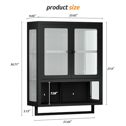 Bathroom Wall Cabinet, Over The Toilet Space Saver Storage Cabinet, Medicine Cabinet with 2 Glass Door and Towel Bar, Metal Wall Mounted Cabinet for Bathroom Laundry Room Kitchen - color: Upgraded Black