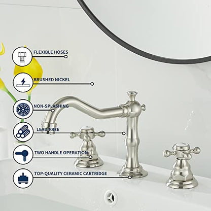 2 Handles 3 Holes Faucet Widespread Bathroom Sink Faucet Brushed Nickel Basin Tap Mixer Faucet Matching Pop Up Drain - color: Brushed Nickel, style: Ceramic Cover